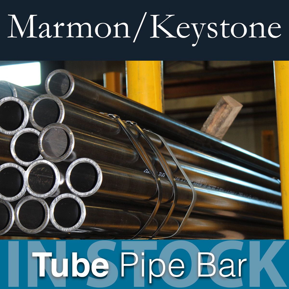 Marmon Keystone A stack of metal tubes is shown in a warehouse setting with the text “Marmon/Keystone Tube Pipe Bar IN STOCK,” highlighting our role as a leading supplychain distributor in metals.