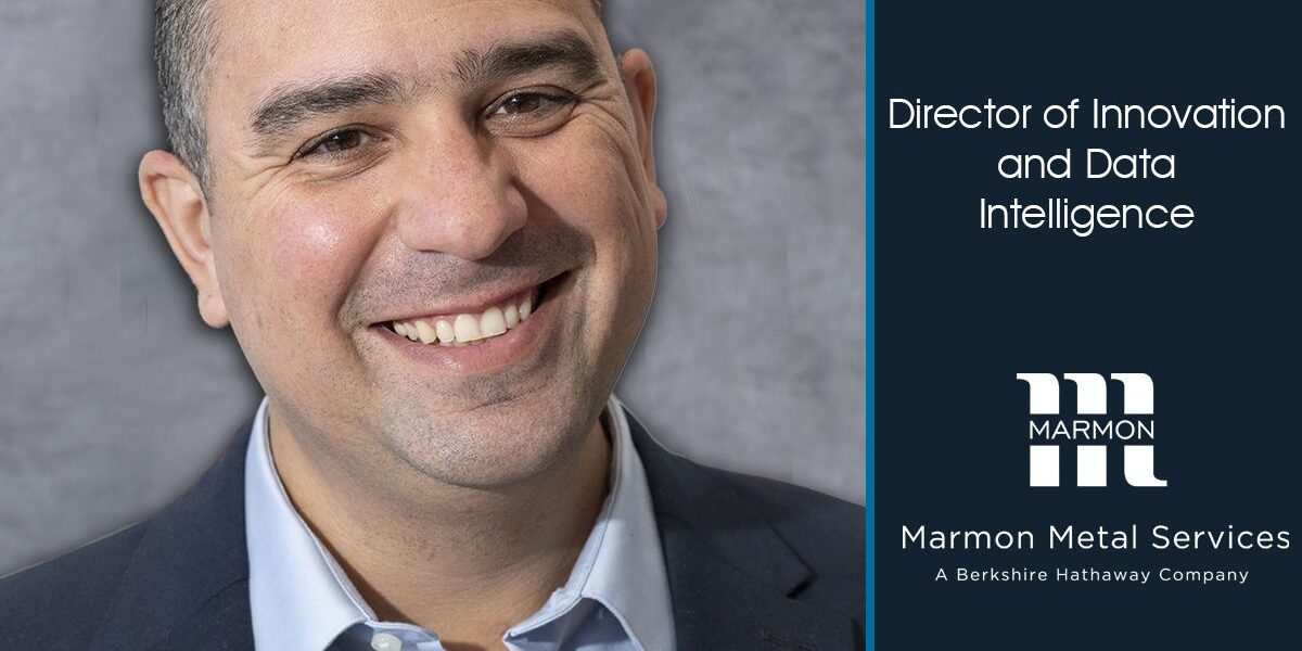 Marmon Keystone A man with short dark hair wearing a blue blazer and light blue shirt smiles at the camera. Text on the image identifies him as David Guzman, Jr., Director of Innovation and Data Intelligence at Marmon Metal Services, a leading metals distributor.