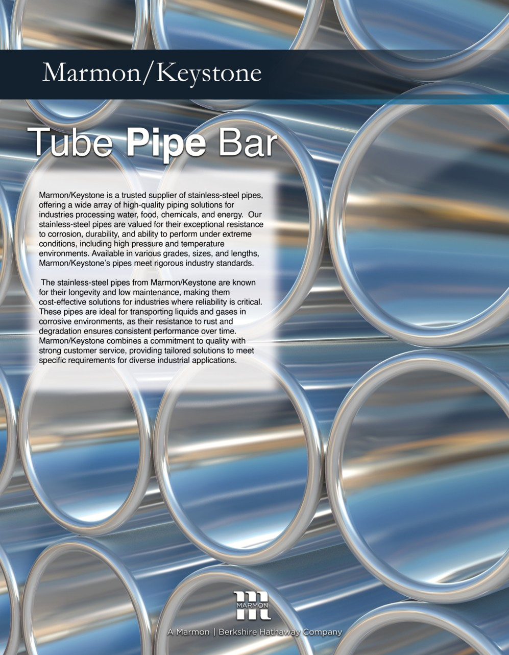 Marmon Keystone Close-up view of several shiny, stainless-steel pipes overlapping each other. Overlaid text highlights Marmon/Keystone’s stainless-steel tube, pipe, and bar products as a trusted metals distributor for diverse supplychain applications.