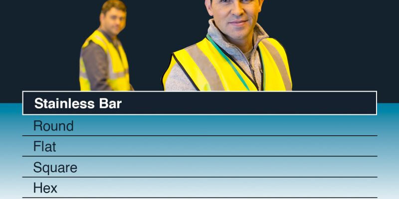 Marmon Keystone Two men in yellow safety vests stand before a Marmon/Keystone sign. A chart lists stainless bar shapes, with text below promoting stainless bar and tube supply. Contact the sales team to connect with a trusted metals distributor.