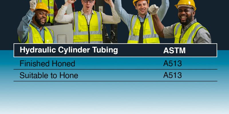 Marmon Keystone Five workers in safety vests and helmets stand before industrial equipment, raising their fists and smiling. Text below lists hydraulic cylinder tube and bar specifications and contact info for Marmon/Keystone, your trusted metals distributor.