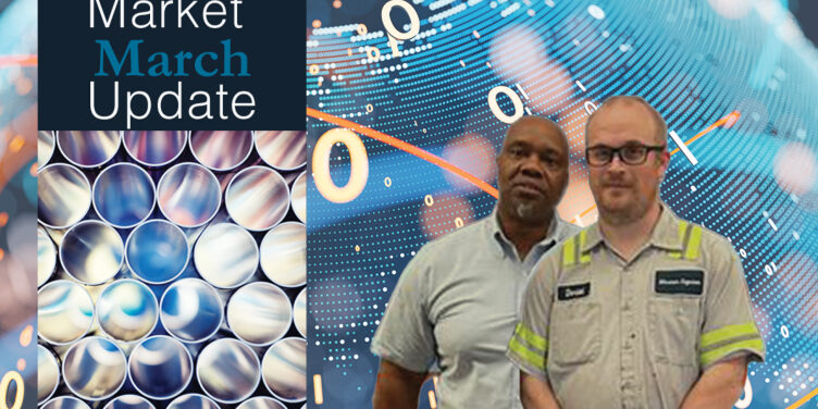 Marmon Keystone Two men stand in front of a background with stock market graphics. On the left, a panel reads “Market March Update” above an abstract image of metal pipes—highlighting trends in the metals supplychain and distributor market.